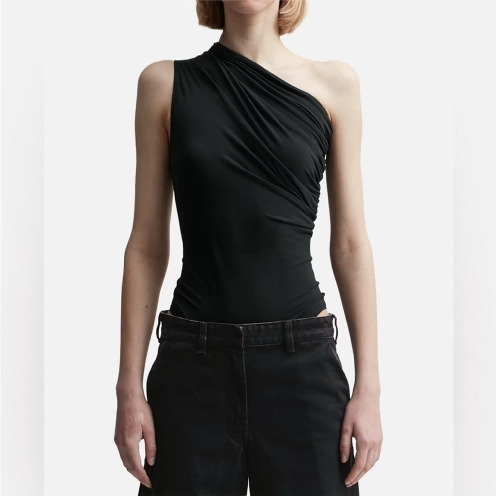 MATERIEL TBILISI Designer Sz S One Shoulder Side Ruched Bodysuit Black NWOT
